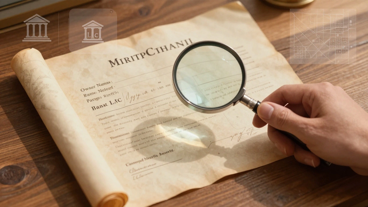 Hand holding magnifying glass over a historic property deed with LLC and parcel number details visible.