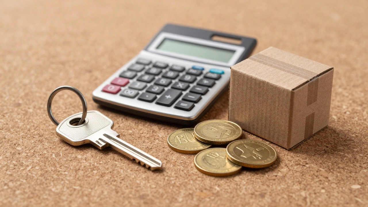 House key, coins, and calculator on corkboard background