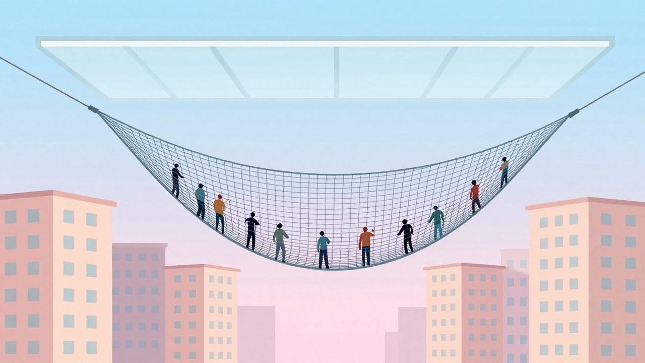 Illustration of housing safety net under apartment buildings