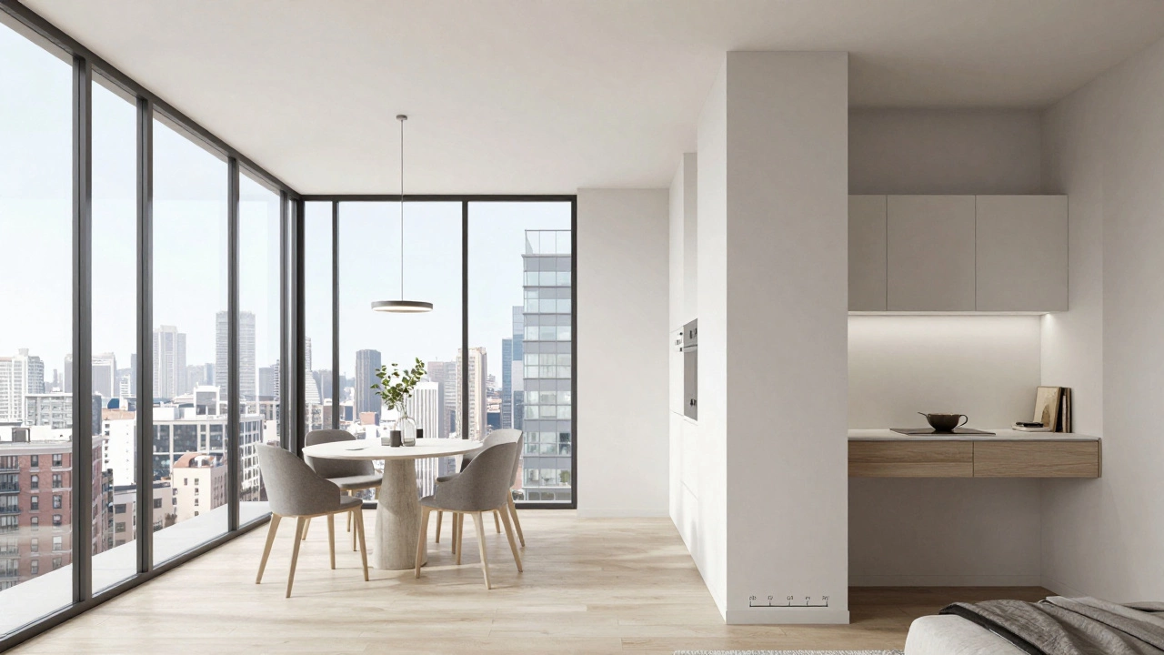Open-plan apartment interior showing kitchen niche and city view.