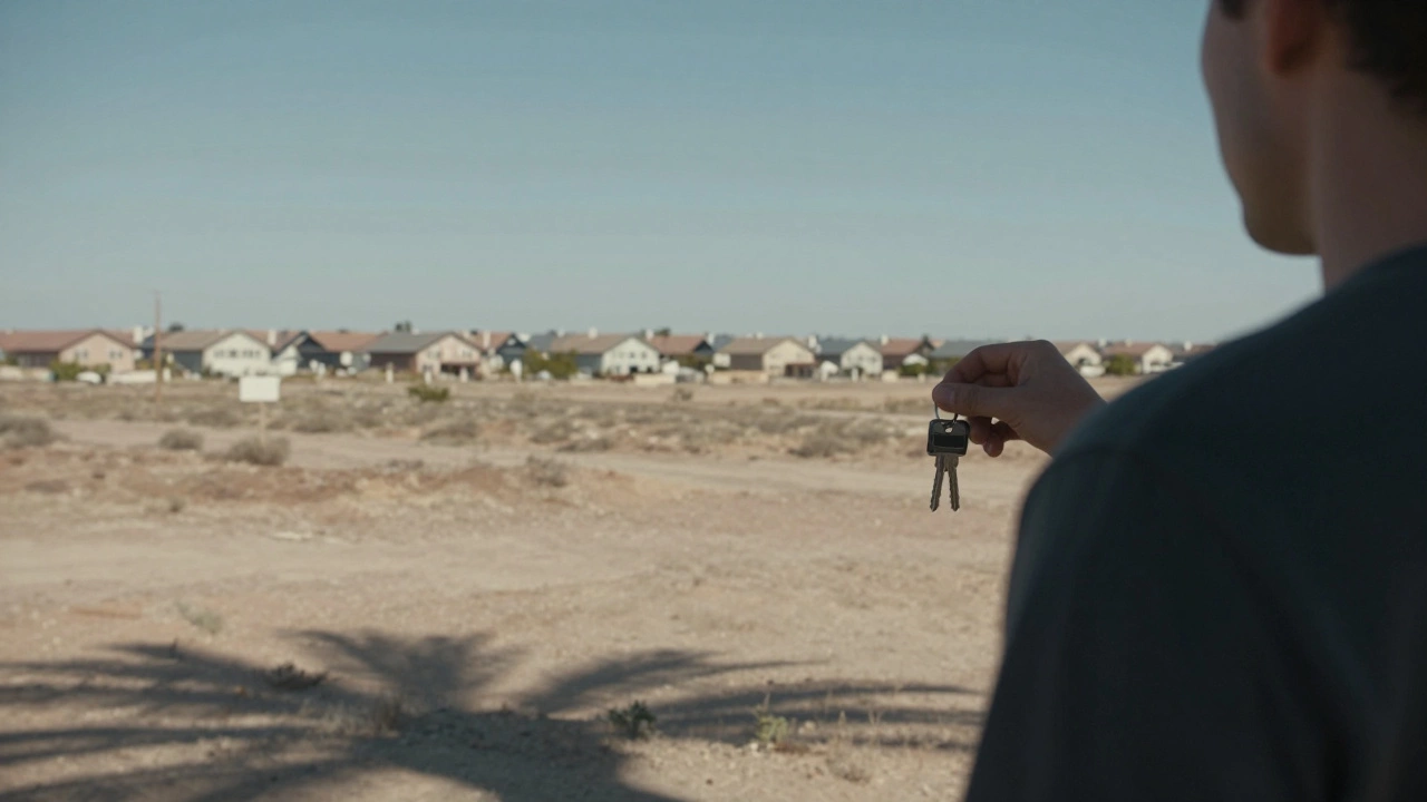 Person standing on vacant land holding keys looking at a developing neighborhood.