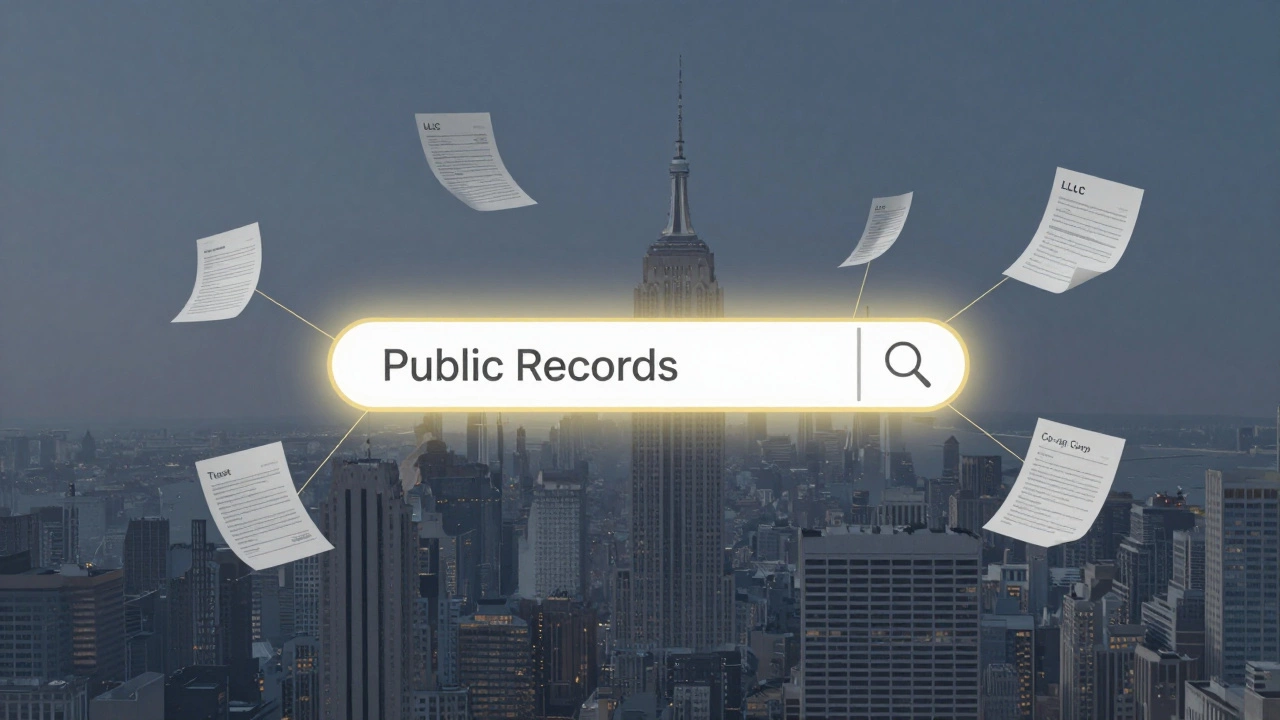 Transparent New York skyline with floating legal documents representing property ownership structures.
