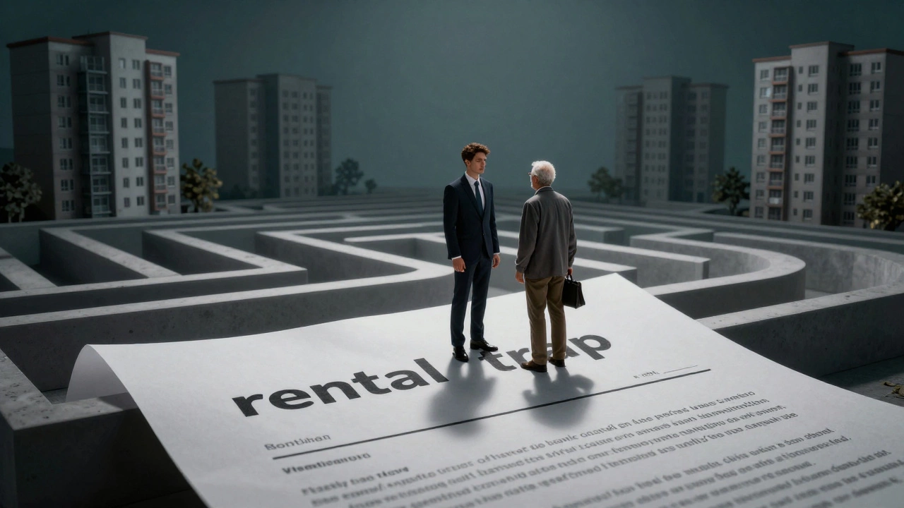 A conceptual image of people trapped in a labyrinth made of rental agreements beneath tall buildings.