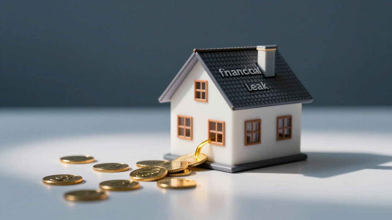 A miniature house with gold coins leaking out to represent hidden costs