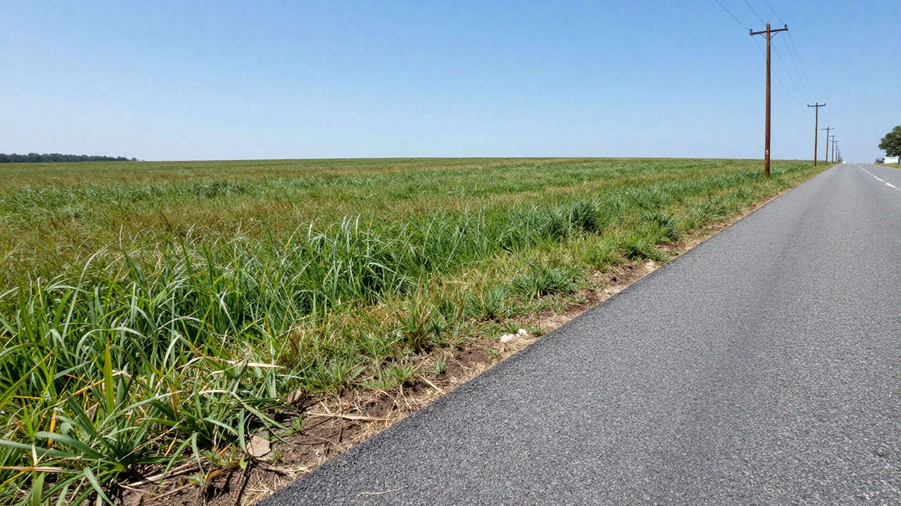 A paved road and utility pole bordering a buildable grassy lot