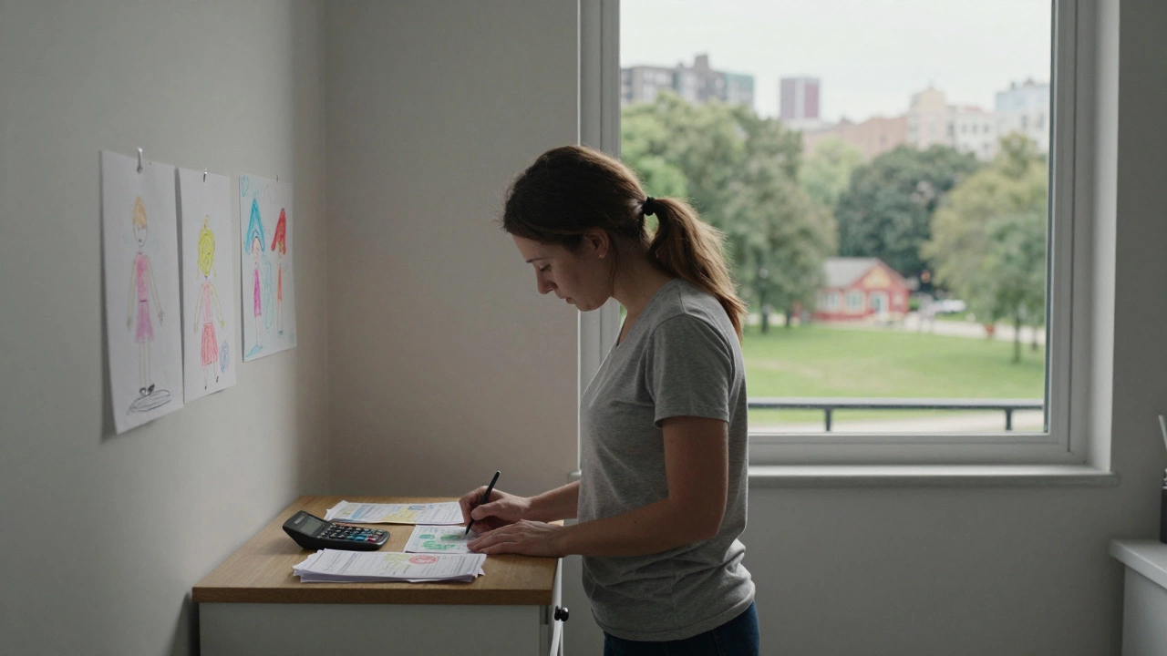 A single mother's modest apartment interior with bills on a table, symbolizing financial struggle.