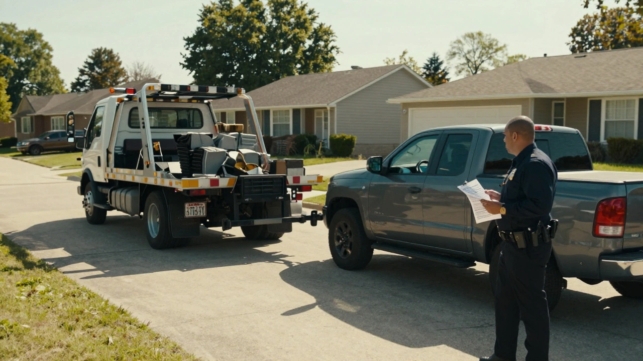 A tow truck seizing a pickup truck from a residential driveway