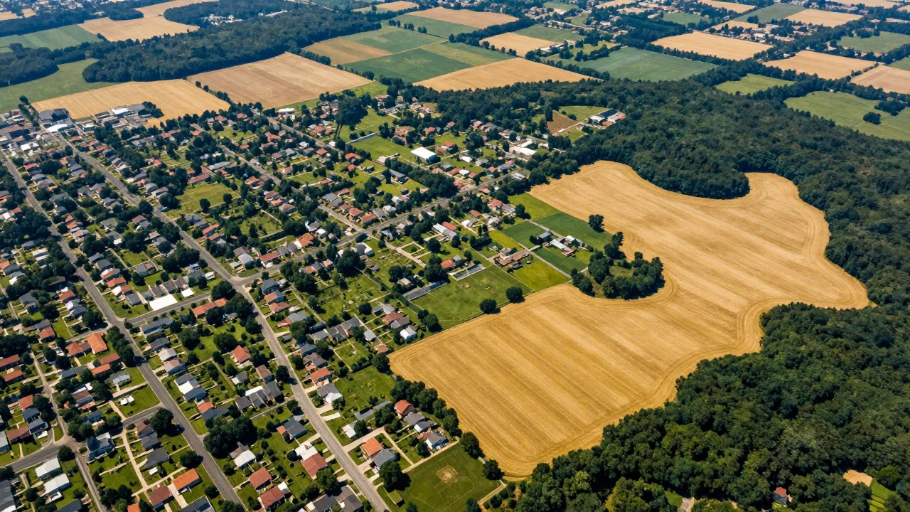 Aerial patchwork view of residential, agricultural, and forested land in Virginia