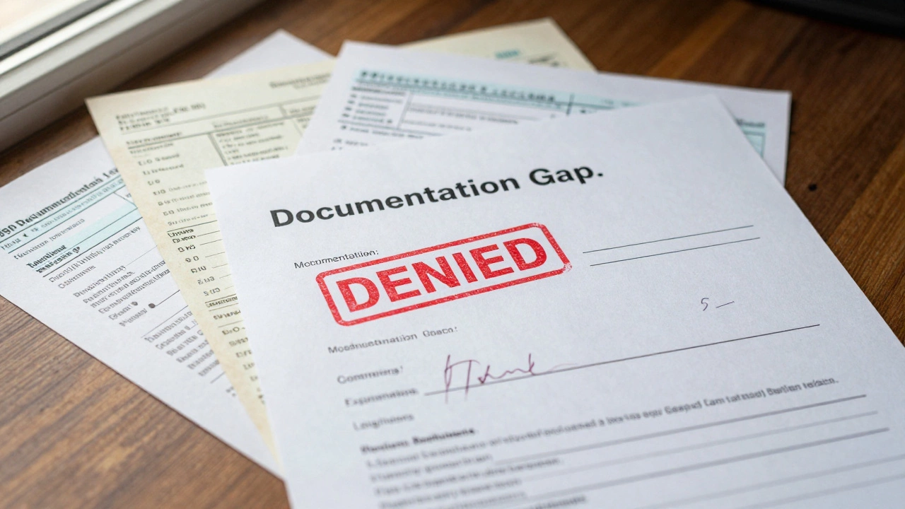 Close-up of a denied housing application with missing documentation and a red stamp.