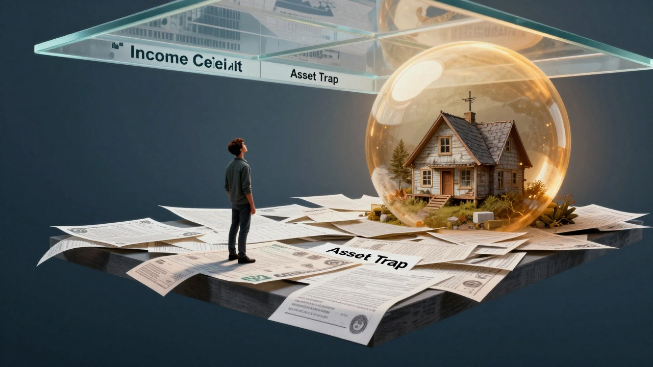 Conceptual art of a person facing an income ceiling and a small rural cabin asset.