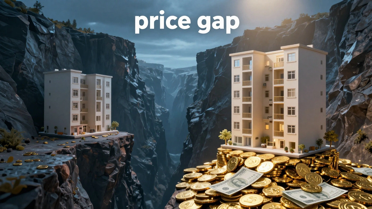 Conceptual illustration of two identical apartments separated by a canyon of money.
