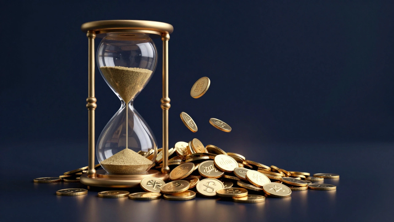 Conceptual image of gold coins multiplying in an hourglass representing debt
