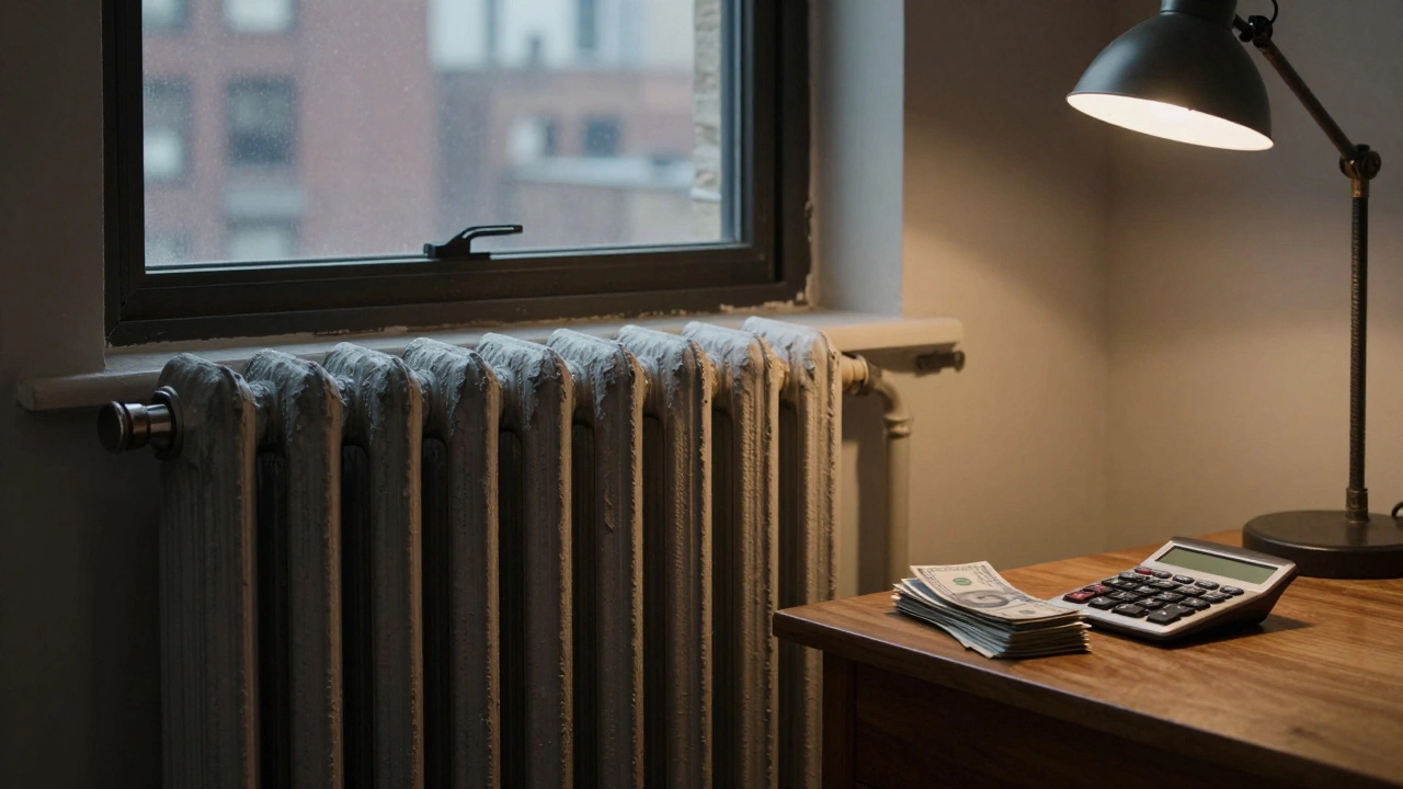 Interior of an old city apartment featuring a vintage radiator and utility bills.