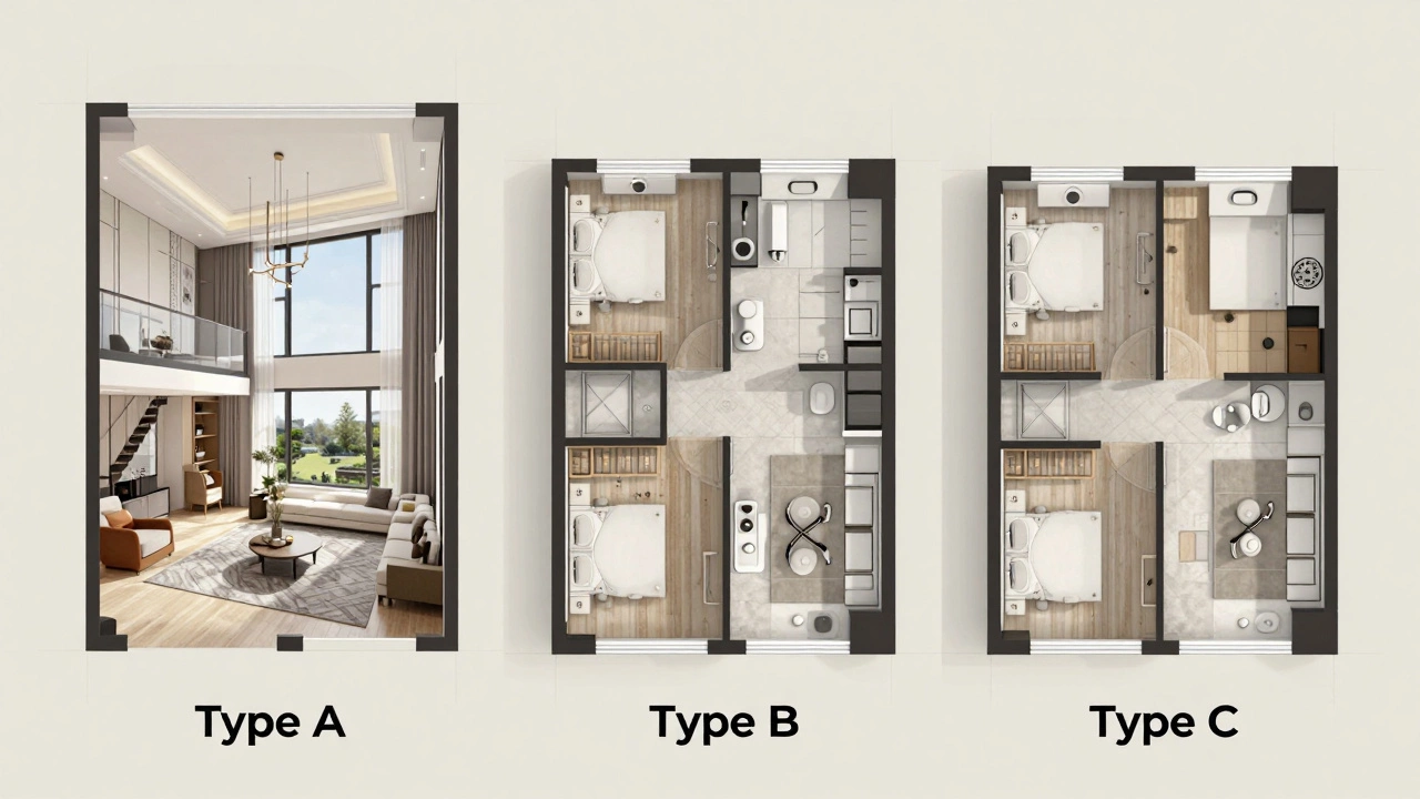 3D visualization comparing sizes of Type A, B, and C apartment layouts