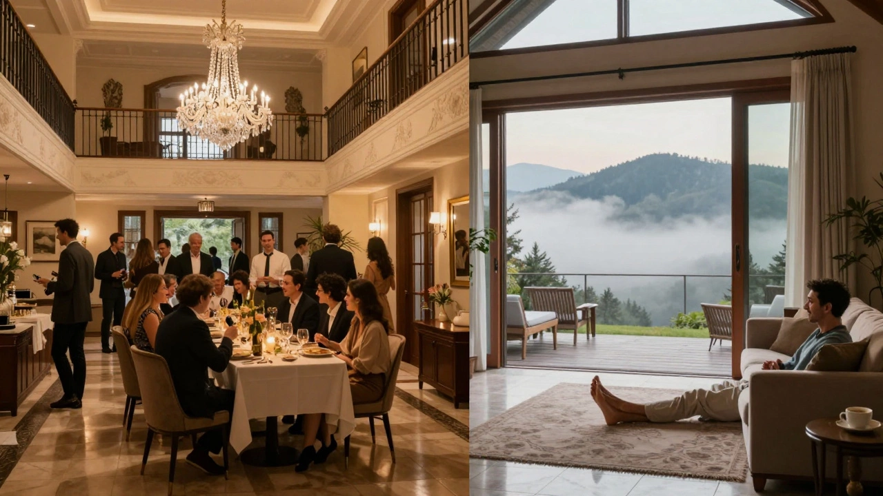 Contrast between formal mansion party and quiet villa morning