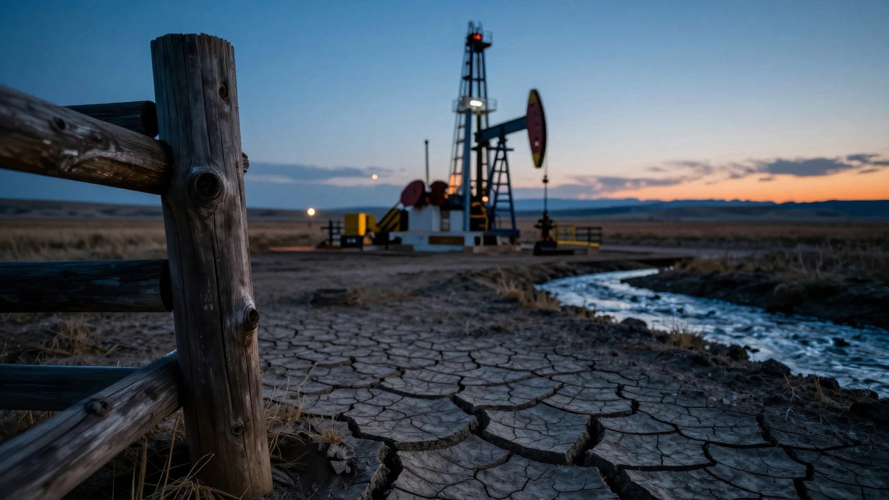Dry land with distant oil rig illustrating severed mineral and water rights