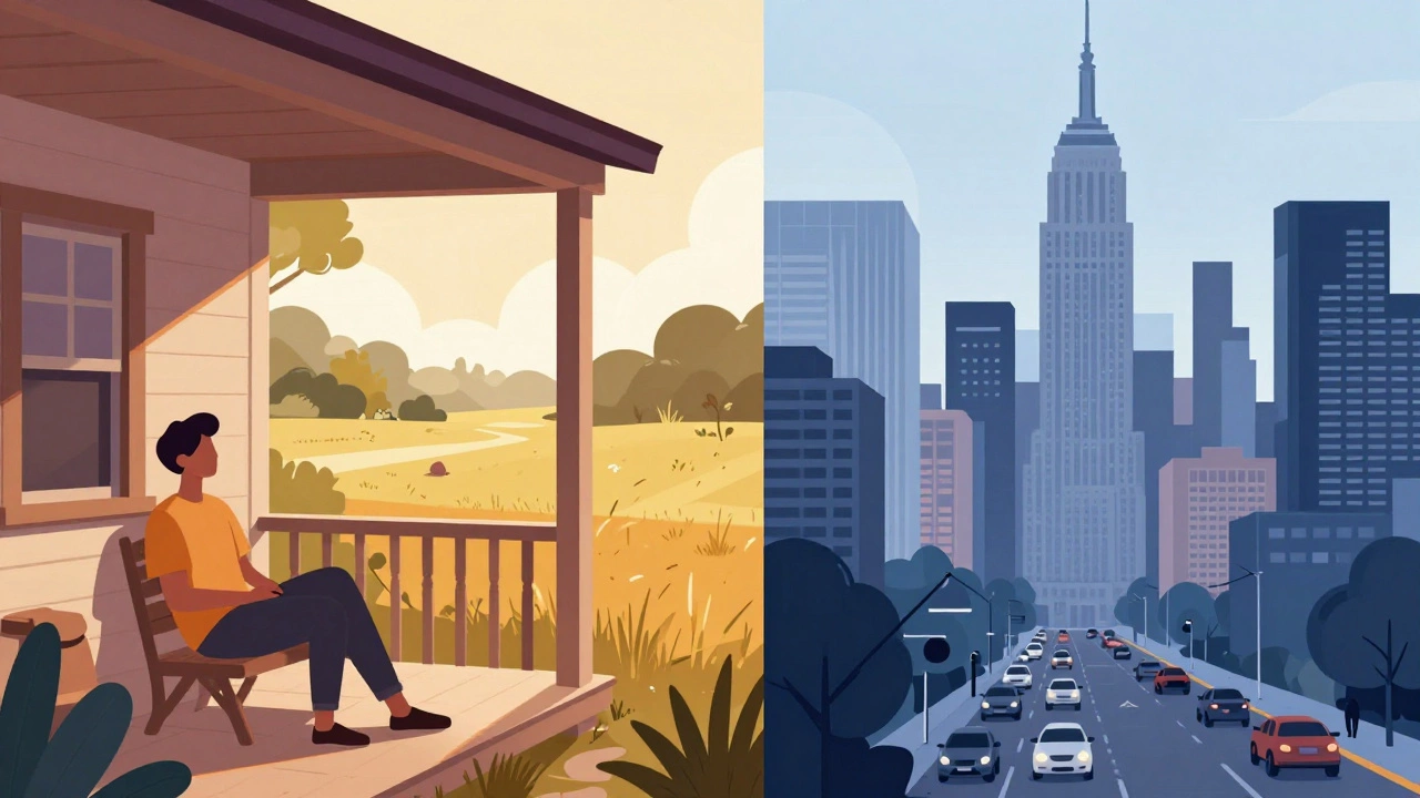 Illustration contrasting rural low-cost living with expensive urban city life.