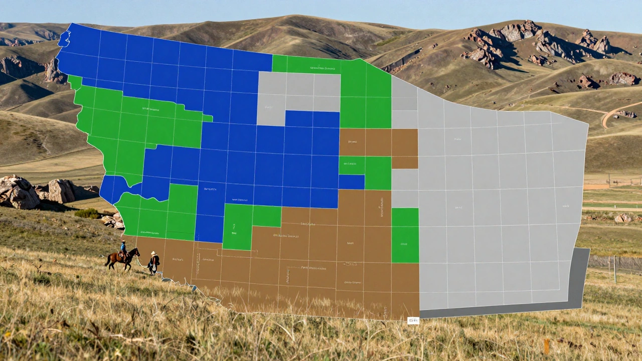 Illustration of Wyoming's checkerboard land ownership pattern with a cowboy
