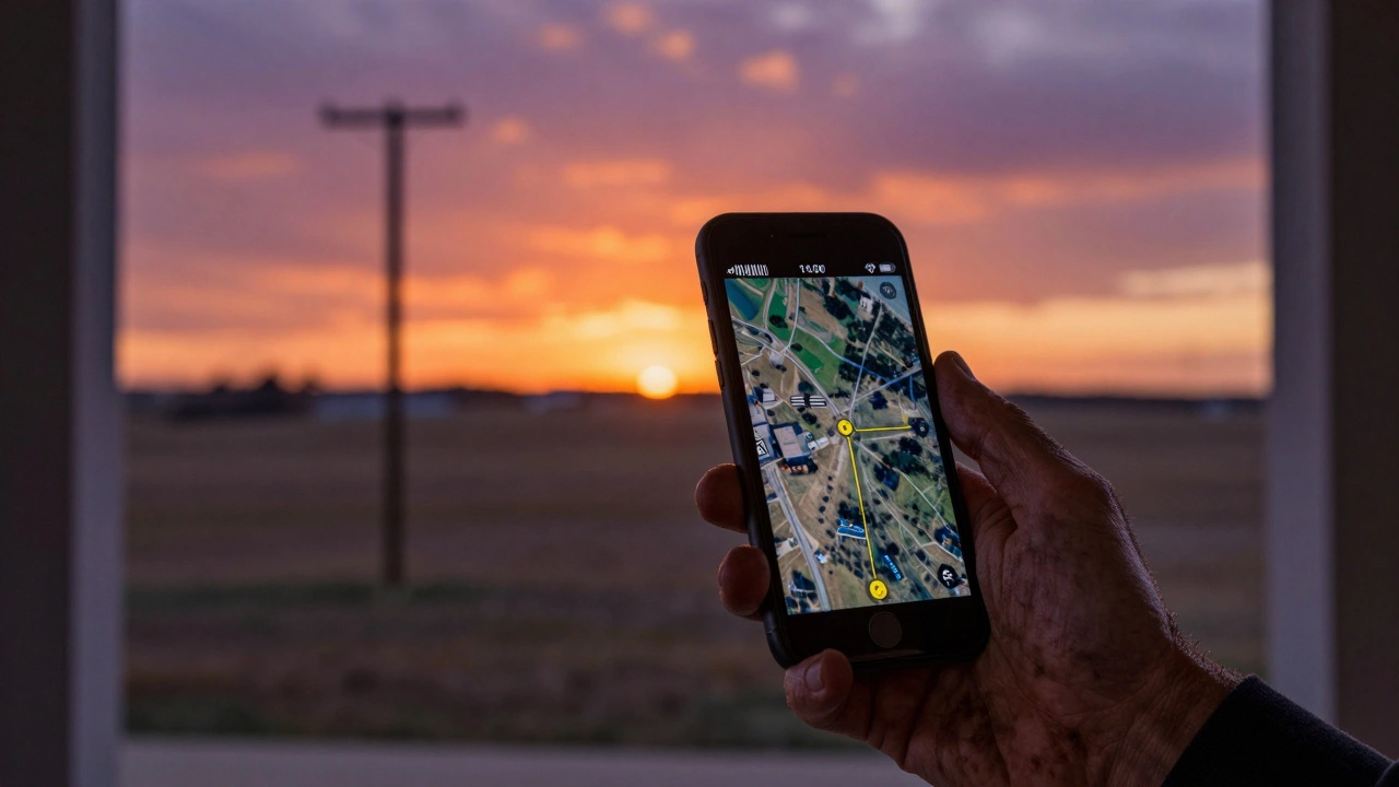Person checking internet signal on rural land at sunset