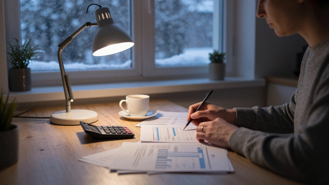 Person planning budget at kitchen table with snow falling outside window