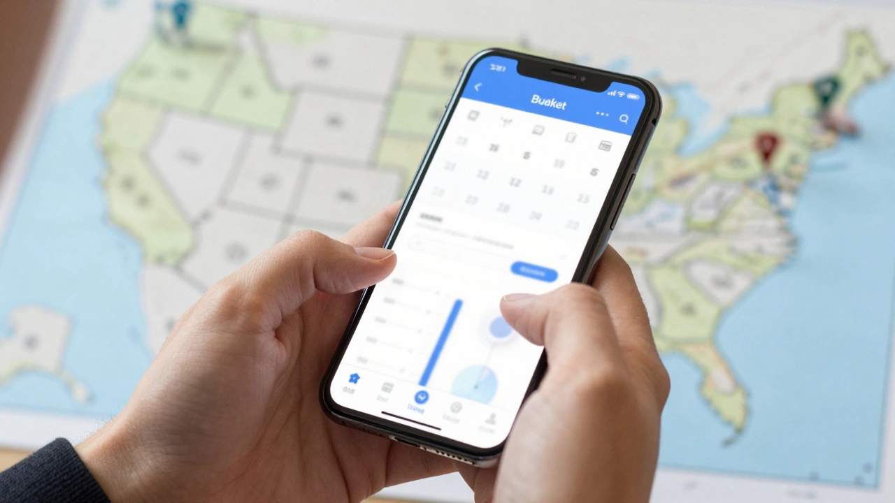 Person using a phone to calculate moving costs with a US map in background.