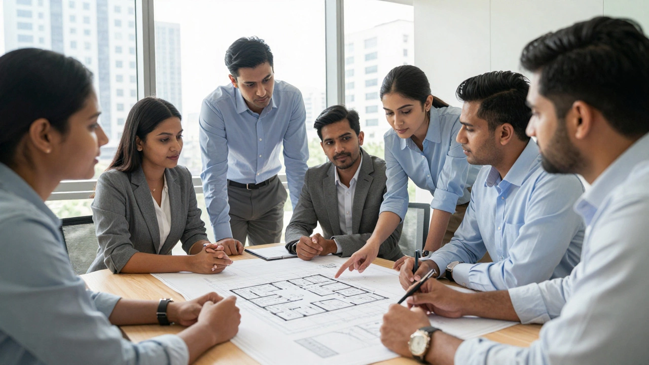 Professional real estate team reviewing blueprints in a bright modern office conference room.