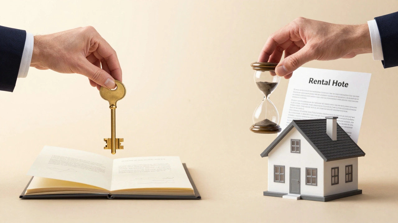 Split image contrasting permanent freehold keys with temporary leasehold hourglass