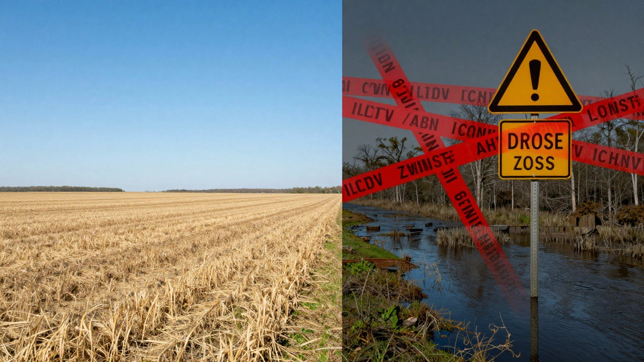 Split view comparing flat farmland with flood zone risks