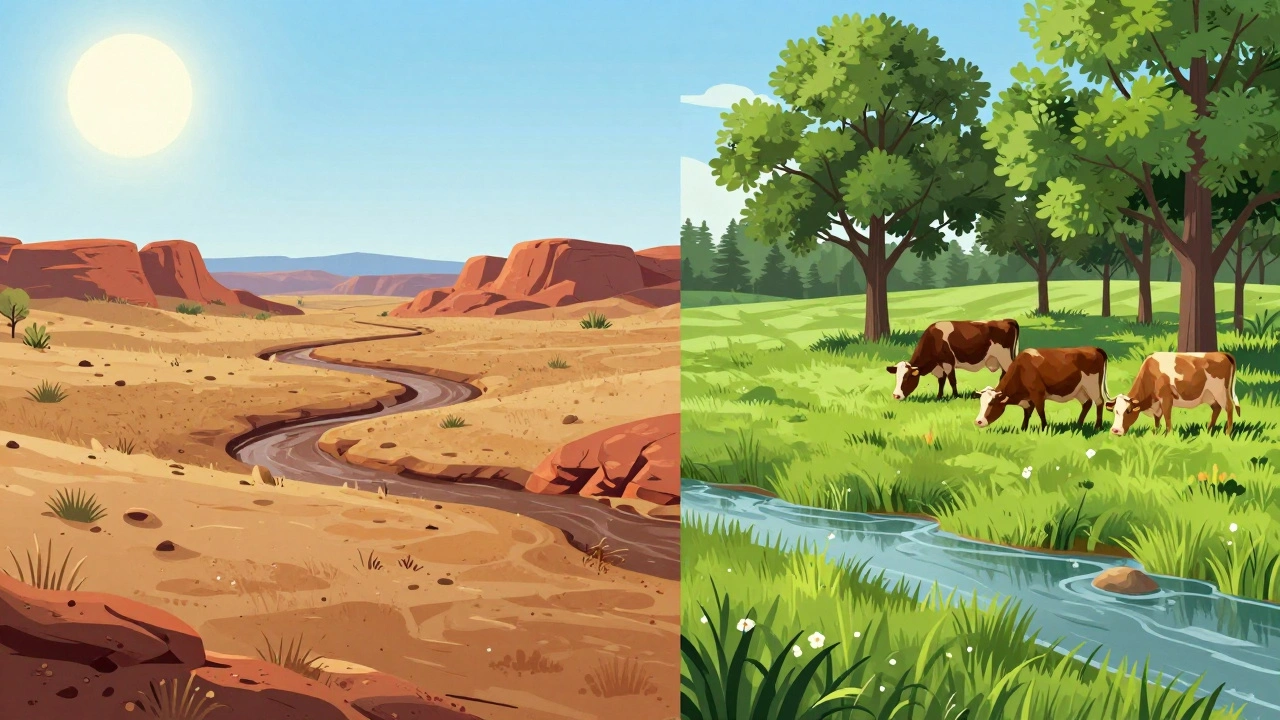 Split view contrasting arid western desert land with lush eastern pasture