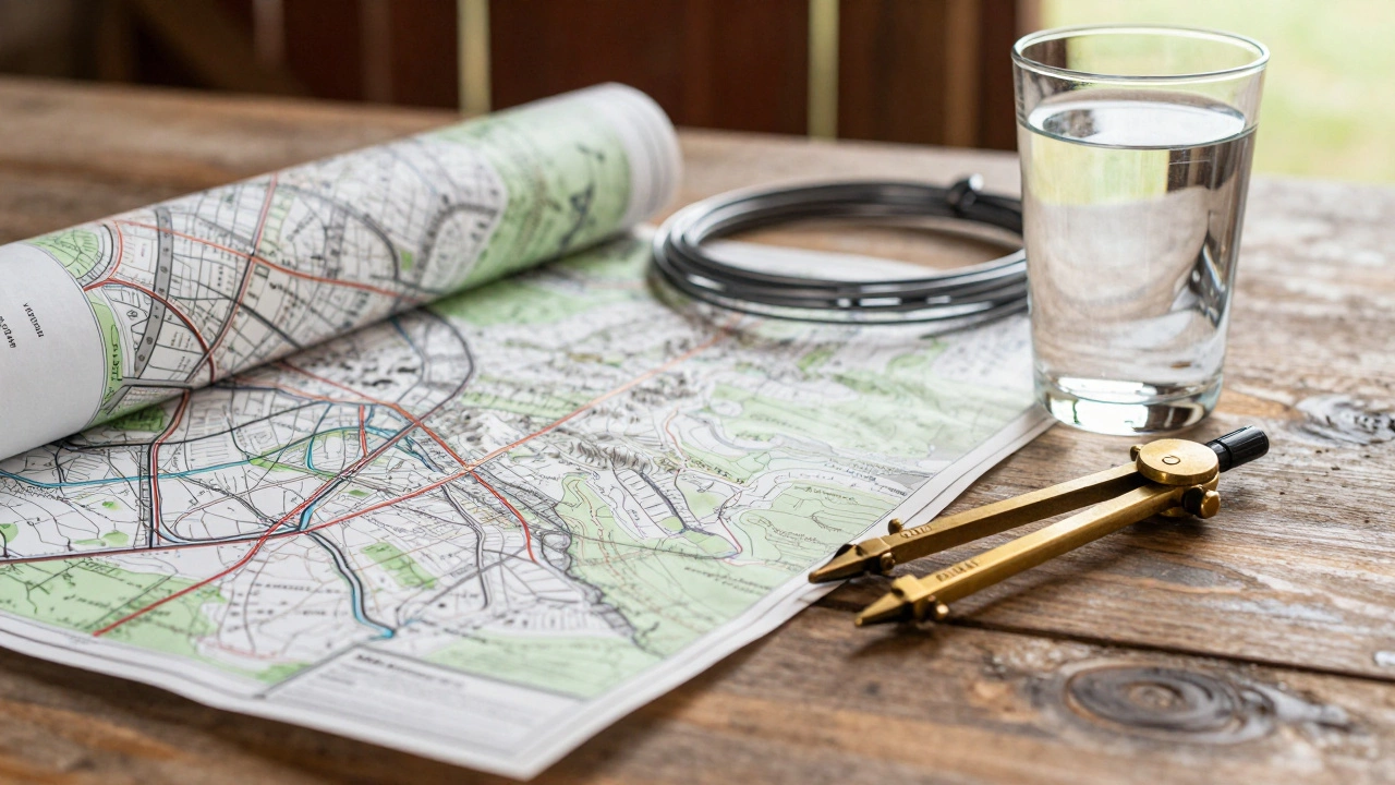 Survey maps, fencing wire, and water glass on a rustic wooden table