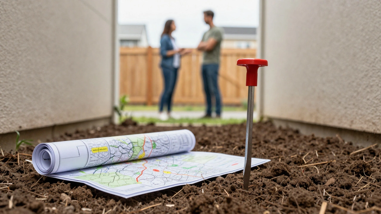 Surveyor stake on soil between townhouses with neighbors discussing boundaries