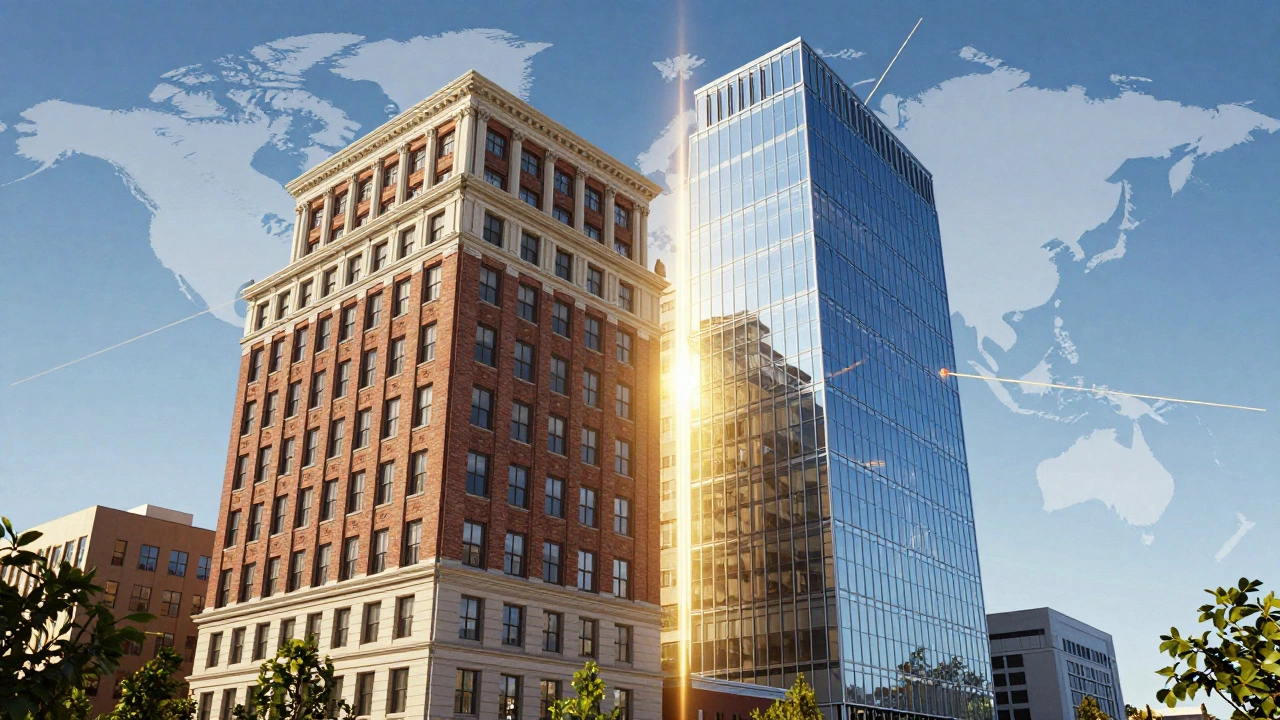 Two different buildings merging into one with golden light, representing the formation of CBRE.
