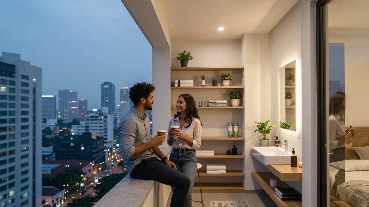Young couple relaxing on balcony of compact urban apartment