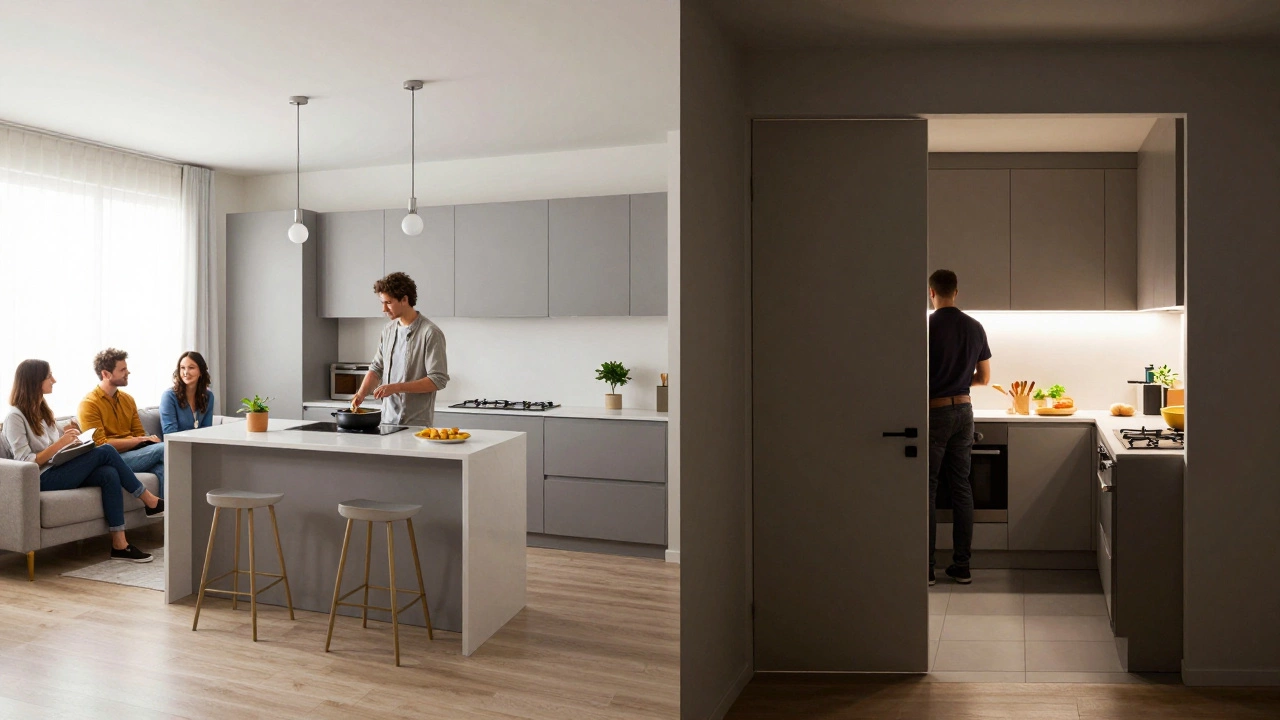 Comparison of open 3DK layout versus traditional enclosed kitchen apartment design.