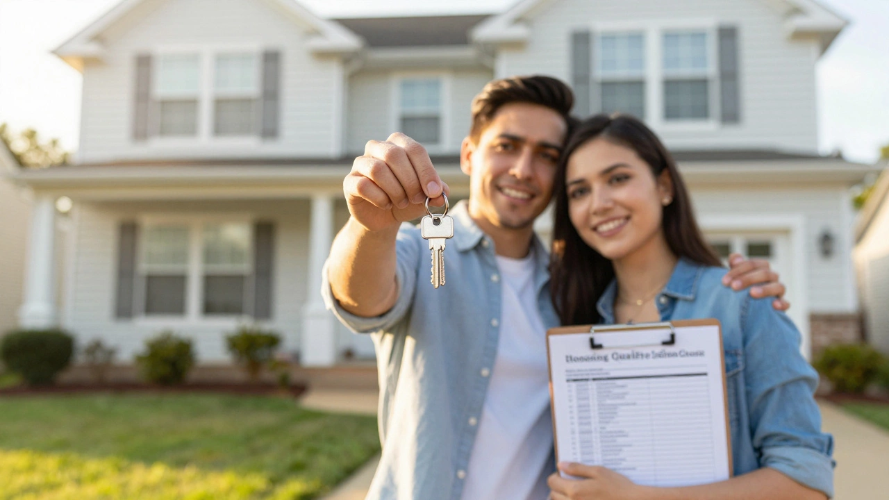Couple holding keys outside their new approved rental home