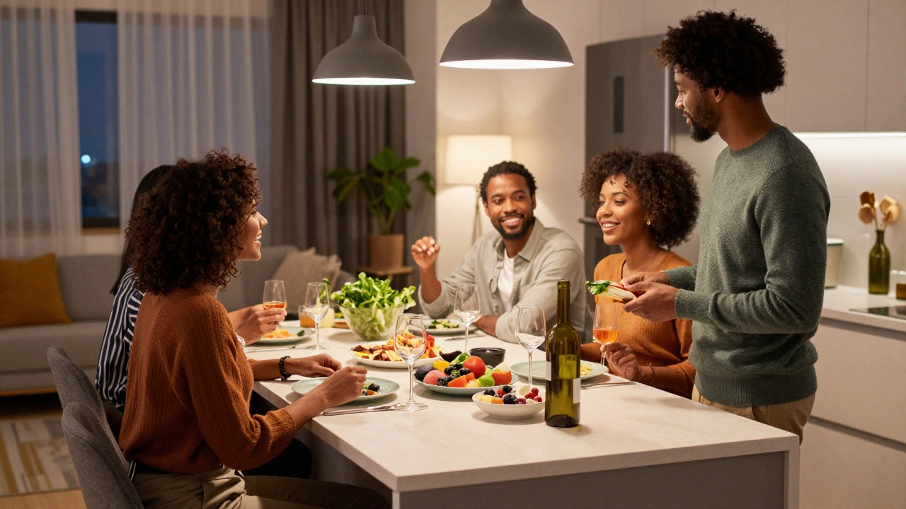Couple hosting dinner party at kitchen island in open-plan 3DK apartment.