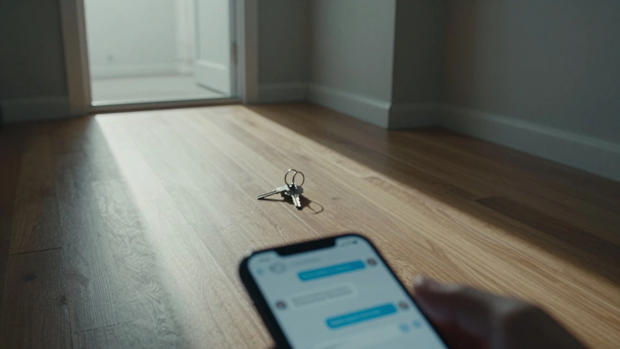 Empty apartment with keys on floor and phone nearby