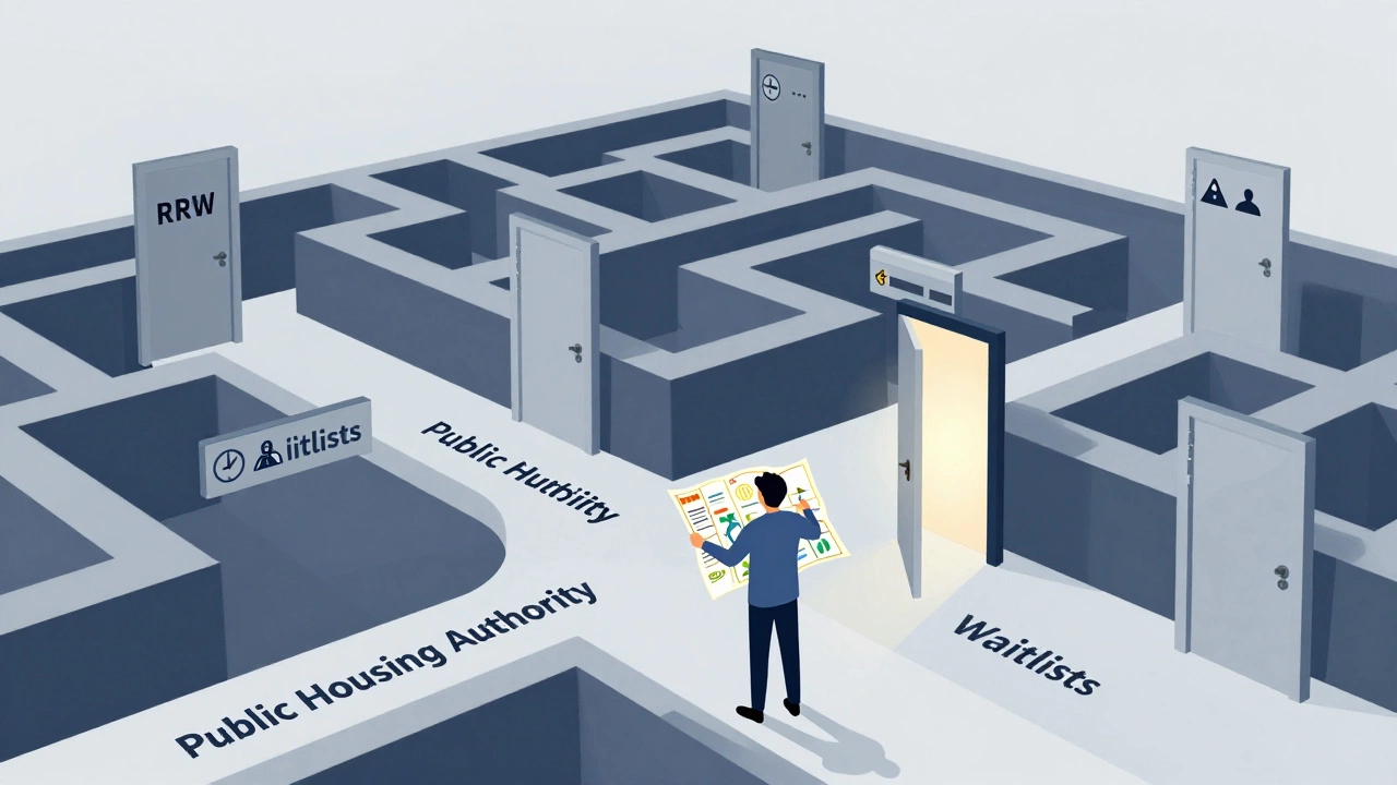 Illustration of a person navigating the housing authority bureaucracy
