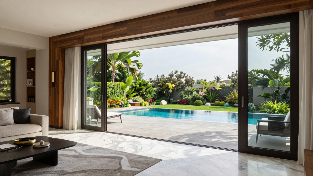 Modern villa interior opening to pool and terrace