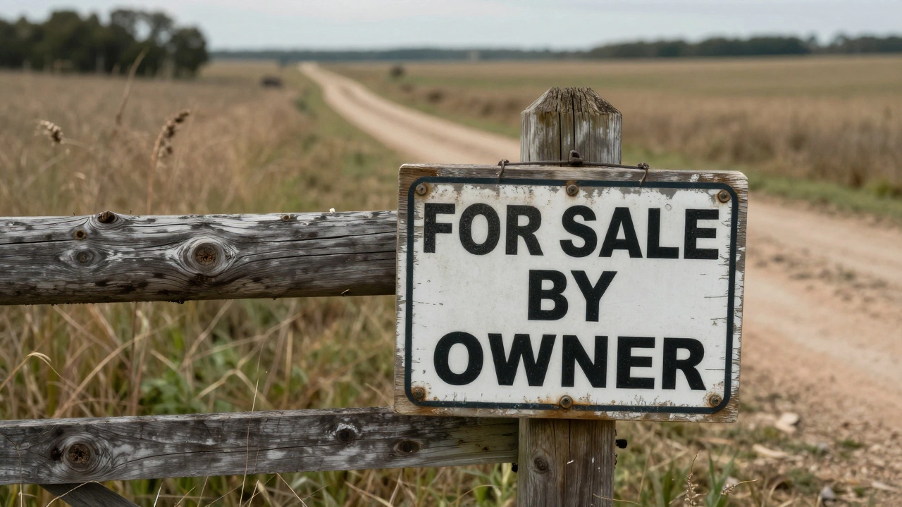 Rustic For Sale By Owner sign on a fence in a remote rural field