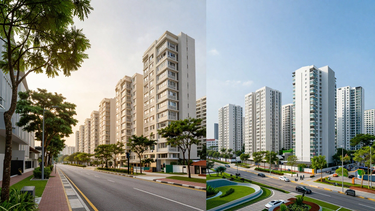 Split view comparing mature and new Singapore HDB neighborhoods