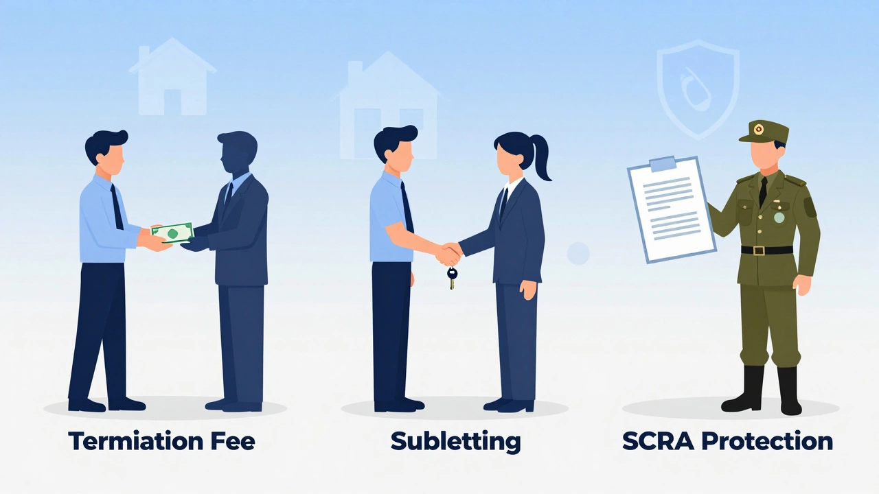 Vector illustration showing three lease break options: fee, sublet, military