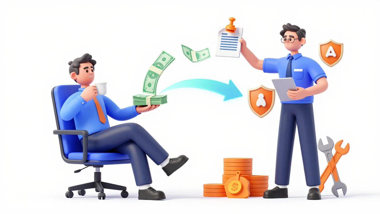 3D illustration showing investor receiving rent while tenant handles taxes, insurance, and maintenance tasks.