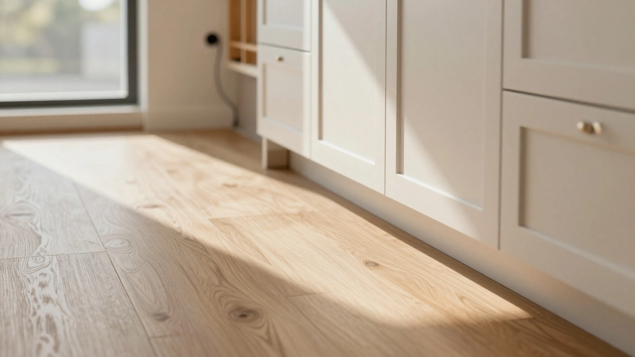 Close-up of luxury vinyl flooring and custom kitchen cabinets during renovation