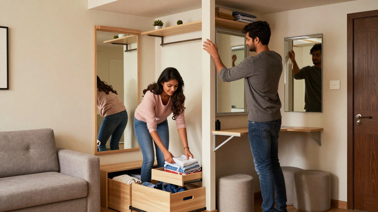 Couple organizing storage and workspace in a tiny urban apartment