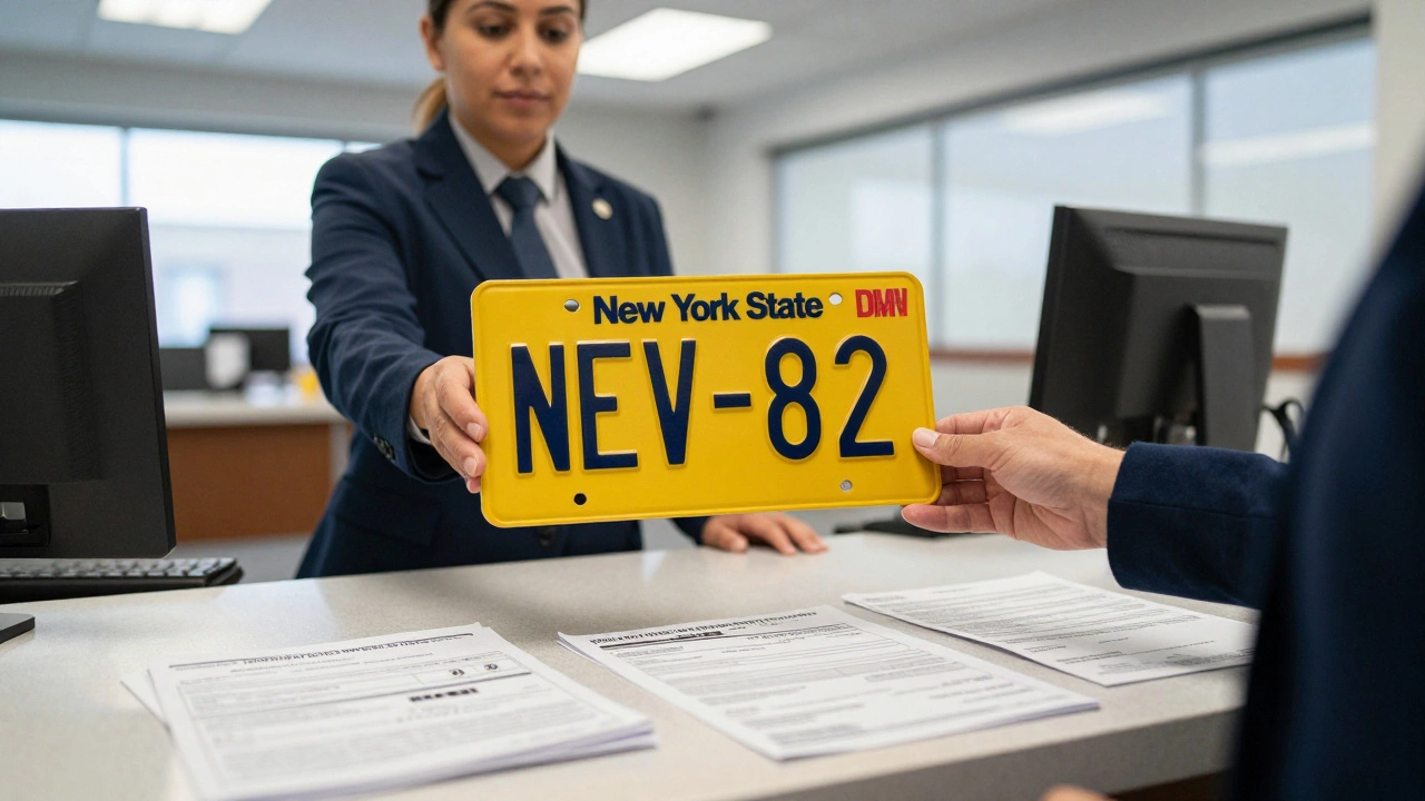 DMV clerk handing yellow license plate to customer at counter