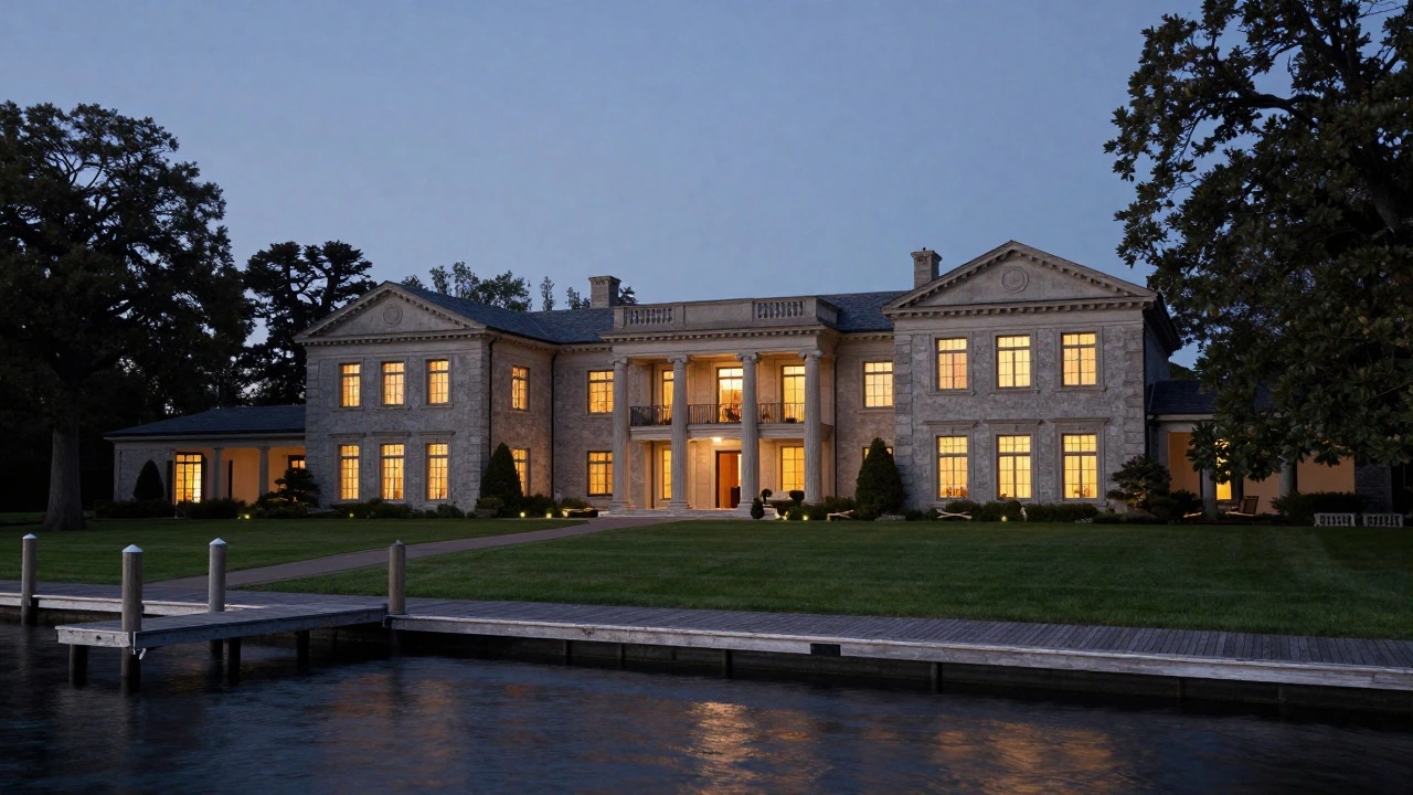 Historic waterfront estate with stone architecture and private dock at dusk