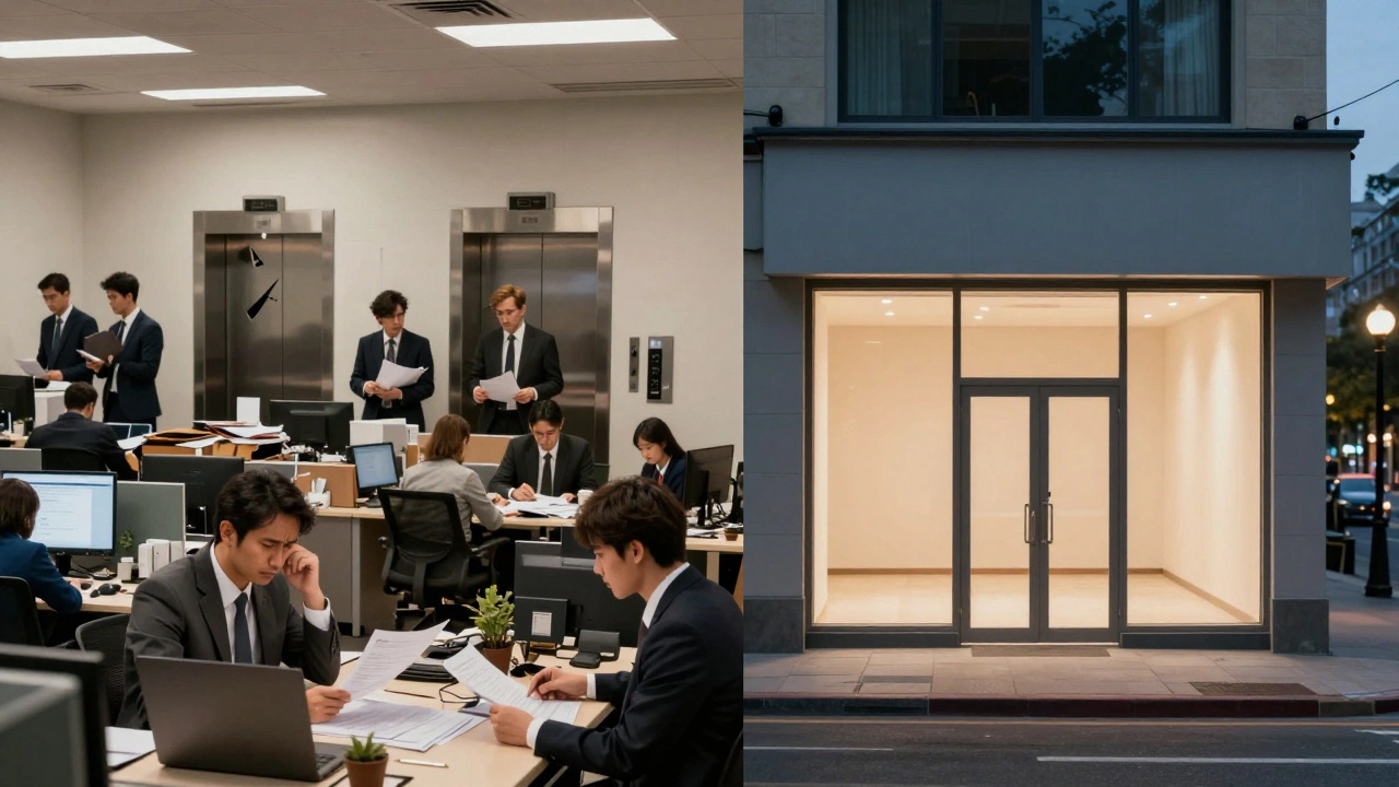 Split image contrasting chaotic multi-tenant management with serene single-tenant NNN property stability.