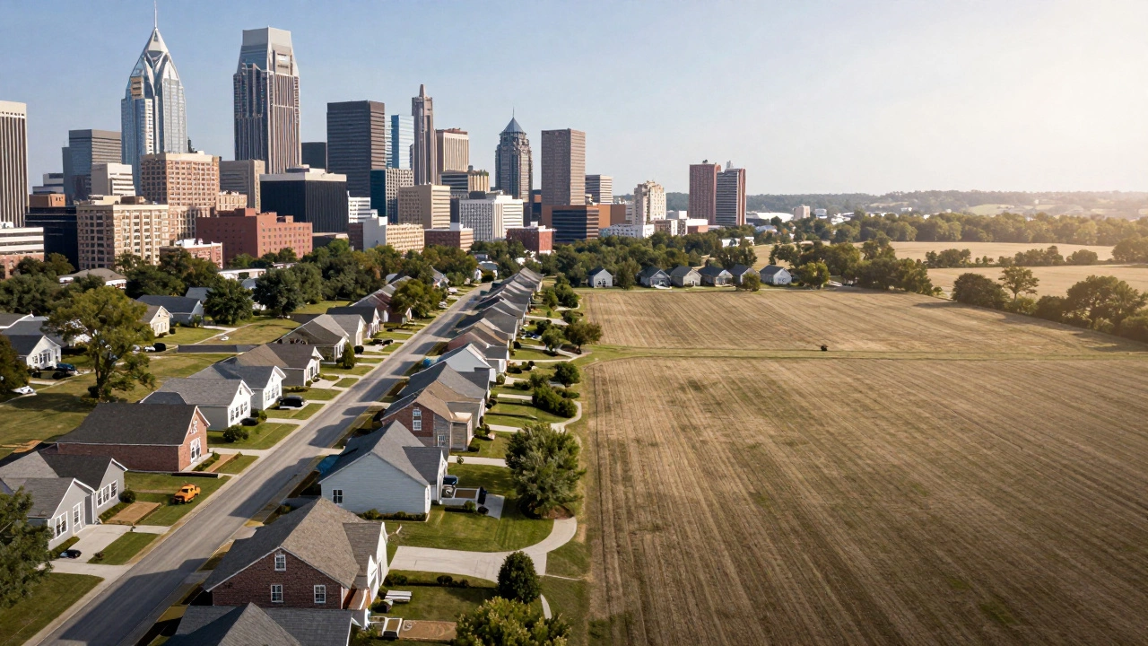 Split view comparing urban Nashville vs rural Tennessee home building sites