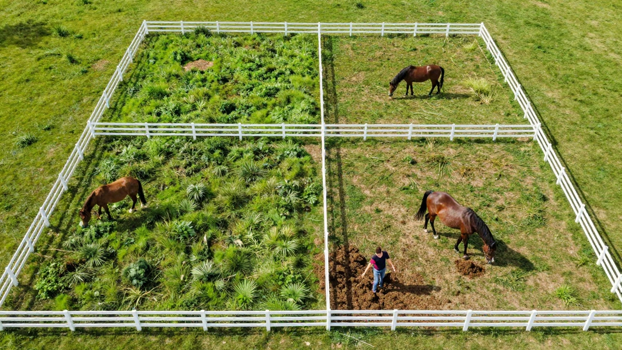 Aerial view of horses in rotated paddocks with fresh grass